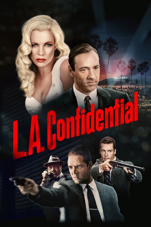The poster features a glamorous blonde woman and a serious man in a suit, with two armed men in the foreground. The red title "L.A. Confidential" stands out against the dark background, creating a dramatic and suspenseful mood.