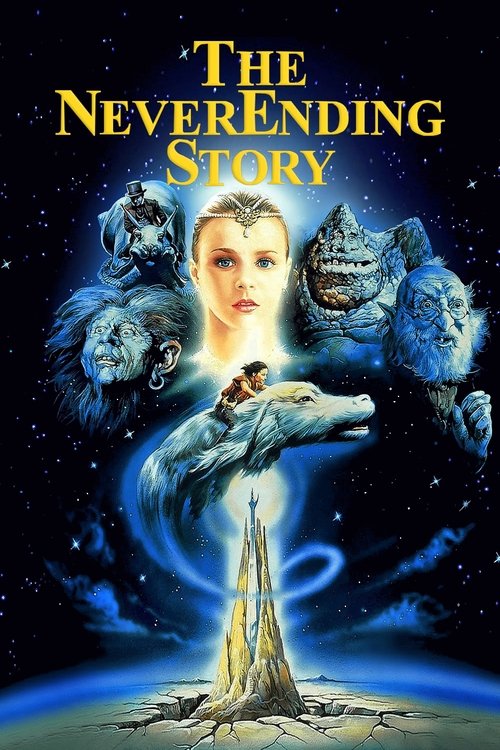 The poster features a young girl with a radiant smile, surrounded by mystical creatures like a dragon and a giant spider. A golden tower stands at the bottom, glowing with blue light against a starry backdrop. The overall mood is magical and adventurous, capturing the wonder of the story.