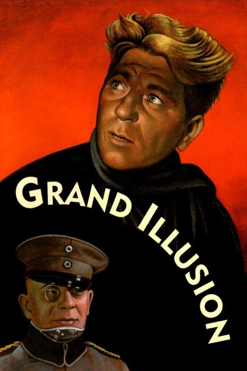 The poster features a dramatic portrait of a man with a serious expression against a fiery red background. Below him, a smaller figure in military attire adds depth to the composition. The bold, white text "GRAND ILLUSION" curves across the image, creating a striking visual impact that hints at t...