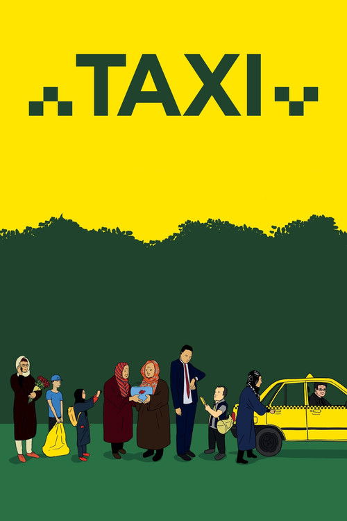 The poster features a group of diverse people standing in front of a yellow taxi, set against a vibrant yellow sky and dark green hills. The mood is casual yet professional, suggesting a journey or commute. The bold "TAXI" text in black adds a striking visual element.