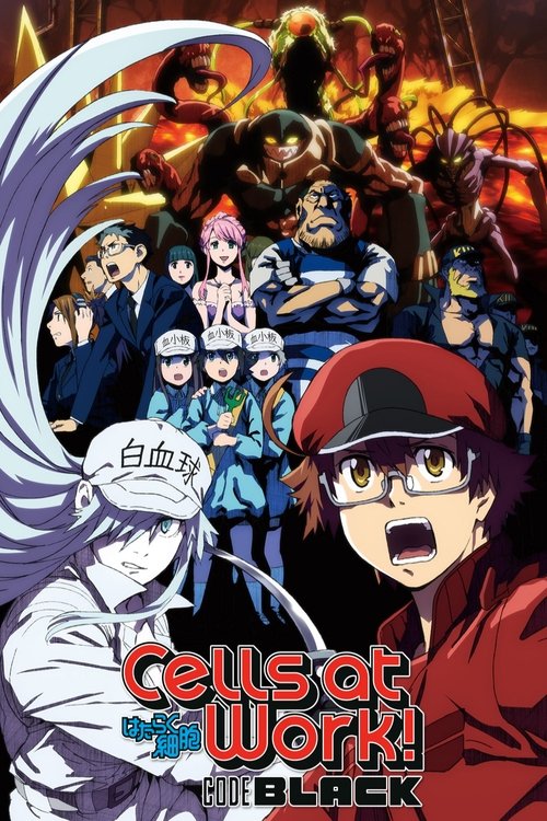 This vibrant anime poster showcases a dynamic scene from "Cells at Work! CODE BLACK," featuring a diverse cast of characters in colorful, energetic poses. The bold red and black color scheme, along with the expressive characters, conveys a sense of intense action and excitement.