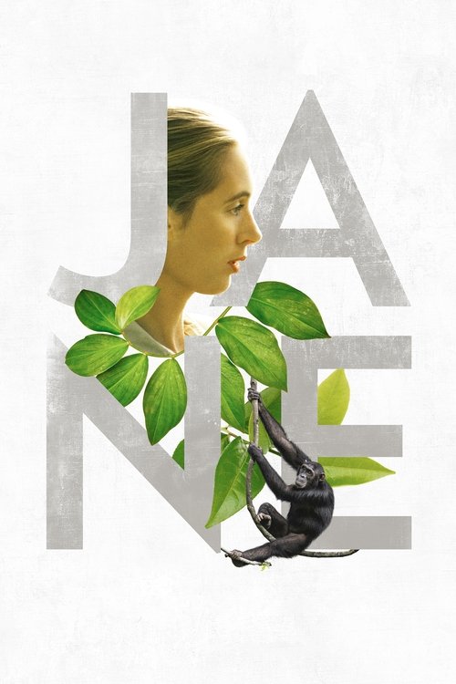 The poster features a woman with blonde hair, her face partially obscured by large, stylized letters spelling "JANE." She is surrounded by vibrant green leaves and a black microscope, suggesting scientific exploration. The soft, natural colors contrast with the bold, white font, creating a serene...