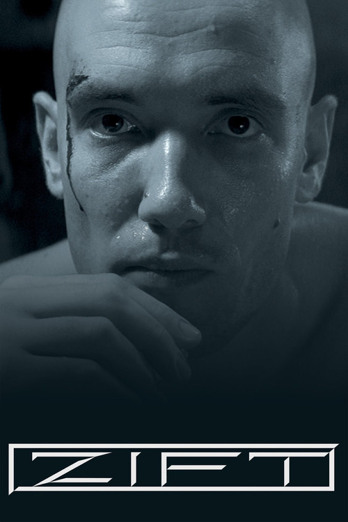 The poster features a close-up of a bald man with a contemplative expression, his hand resting thoughtfully on his chin. The monochromatic blue tones create a somber and mysterious atmosphere, emphasizing the film's thriller genre. The title "ZIFT" is prominently displayed at the bottom in bold, ...