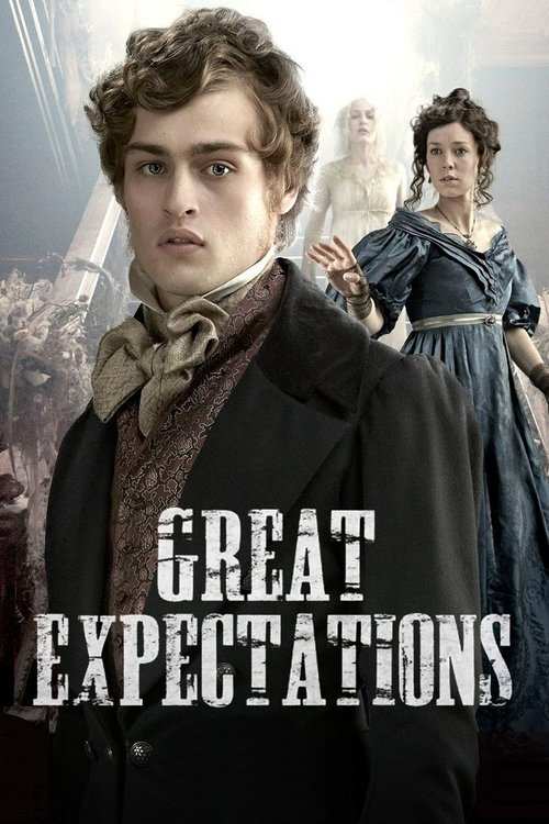 The poster features a young man in period attire with a somber expression, while a woman in a blue dress stands in the background. The muted tones and shadowy figures evoke a melancholic mood, suggesting themes of ambition and social class struggle.