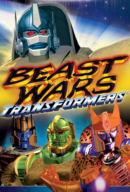 The poster features a dramatic sky with stars and a moonlit landscape, evoking a sense of adventure and cosmic wonder. The title "Beast Wars Transformers" is prominently displayed in bold, fiery letters. Below, a group of colorful, anthropomorphic robots—green, blue, and orange—pose confidently a...