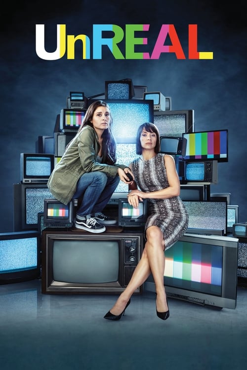 Two women pose confidently in front of a surreal backdrop filled with glowing monitors and colorful screens. The vibrant rainbow colors and dynamic composition evoke a sense of creativity and energy, capturing the essence of the show's unique visual style.