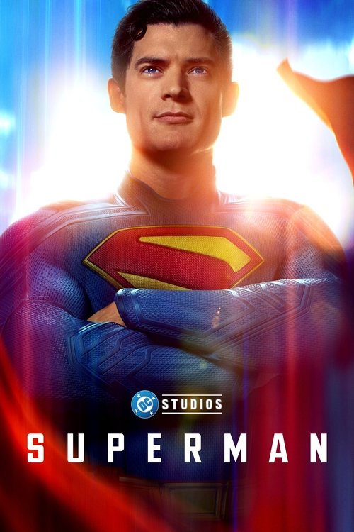 The poster features a powerful Superman character with arms crossed, radiating an intense, heroic mood. The vibrant blue and red colors of his suit contrast beautifully with the bright, glowing background. The DC Studios logo and the bold title "SUPERMAN" emphasize the superhero genre.
