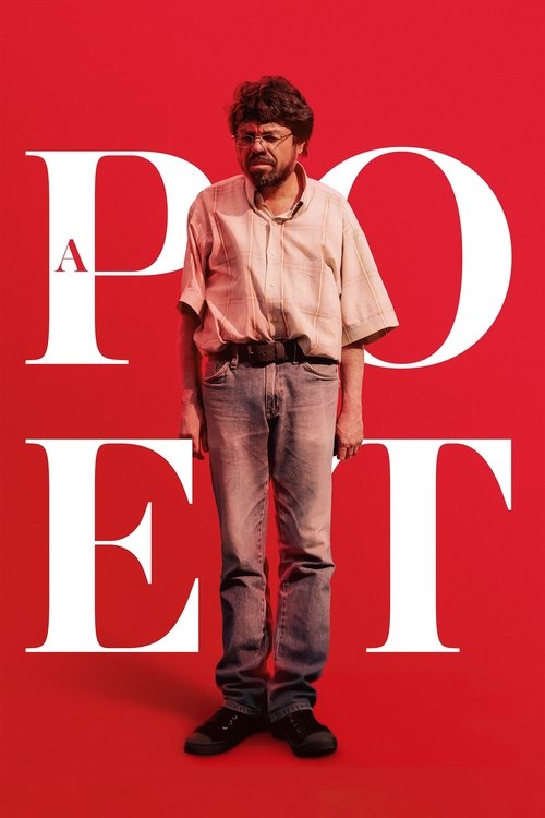 The poster features a man with curly hair and a beard, wearing a light-colored shirt and jeans, standing against a vibrant red background. Large white letters spell "A POET" in bold, stylized font. The mood is mysterious and artistic, suggesting a literary or creative exploration.