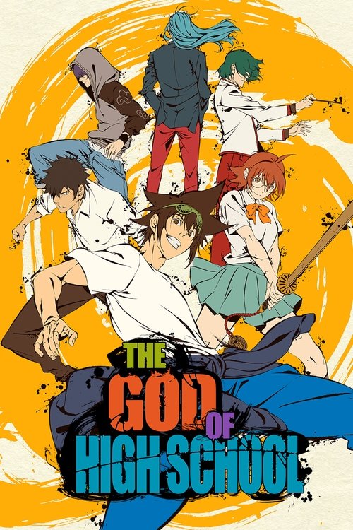 The poster features dynamic characters in action poses against a vibrant orange background. Bold blue and white text spells out "The God of High School," evoking excitement and energy.