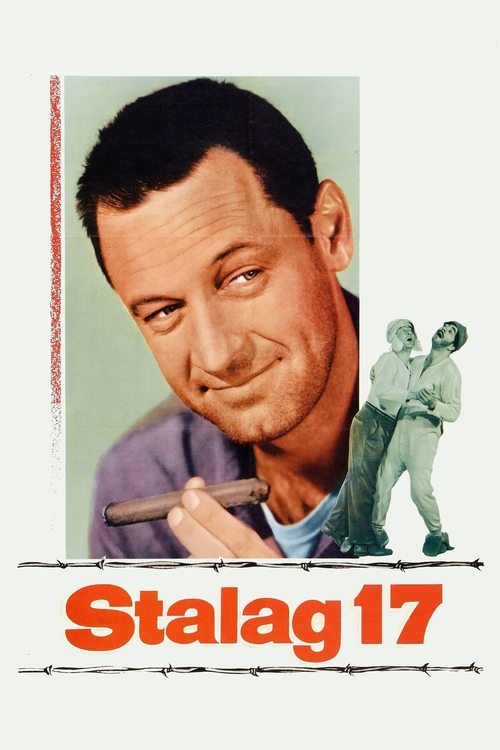 This movie poster features a close-up of a man with a contemplative expression, holding a cigarette, set against a muted background. The title "Stalag 17" is prominently displayed in bold red letters at the bottom, evoking a somber and historical atmosphere.