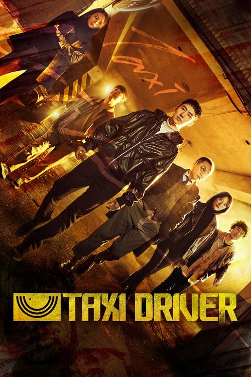The poster features a gritty, high-contrast scene with a group of men in dark clothing, exuding a tense, noir atmosphere. The warm, yellow-orange lighting creates an eerie, unsettling mood, while the bold, yellow "TAXI DRIVER" text anchors the image.