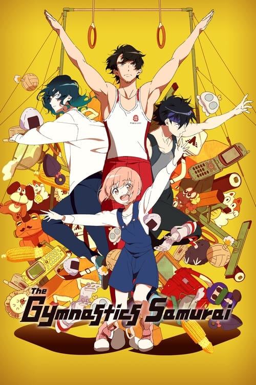 The vibrant poster features a dynamic group of anime characters in mid-gymnastics pose against a bright yellow background. The characters are surrounded by colorful objects like ropes, balls, and musical instruments, creating an energetic and playful atmosphere. The title "Gymnastics Samurai" is ...