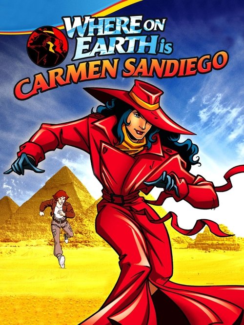 The poster features Carmen Sandiego in a vibrant red outfit, exuding confidence and mystery. She stands prominently against a desert backdrop with pyramids and a lone figure in the distance. The bright colors and dynamic pose create an adventurous and exciting mood, capturing the essence of the s...