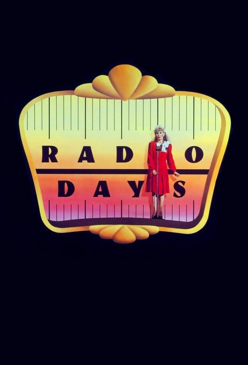 The poster features a vintage radio station sign with a cheerful, warm color palette of yellows, oranges, and reds. A woman in a red dress stands confidently in front of the sign, exuding confidence and charm. The overall mood is nostalgic and inviting, capturing the essence of mid-20th-century r...