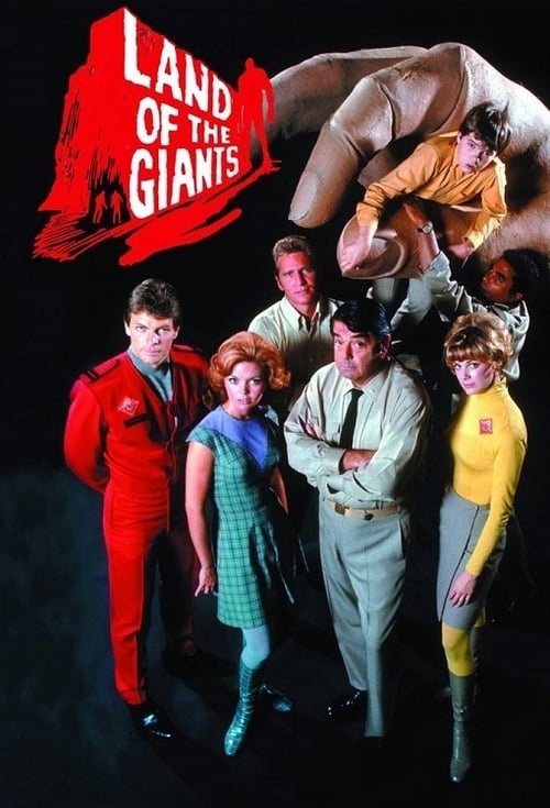 This poster features a group of six characters in vibrant costumes against a dark background, creating a dynamic and energetic atmosphere. The bold red title "Land of the Giants" dominates the top left, emphasizing the show's adventurous theme. The characters' expressions convey excitement and ca...
