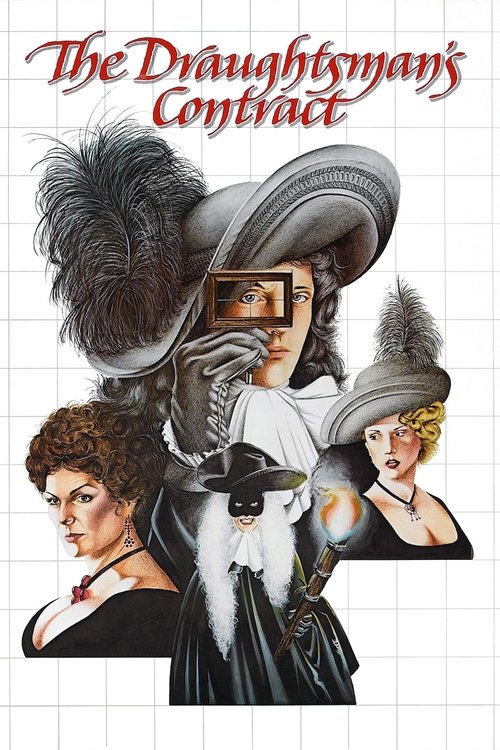 The poster features a dramatic, vintage illustration with a woman in a black dress and feathered hat on the left, and another woman in a white outfit with a hat on the right. The background is a grid pattern, and the title "The Draughtsman's Contract" is written in a stylized red font at the top....