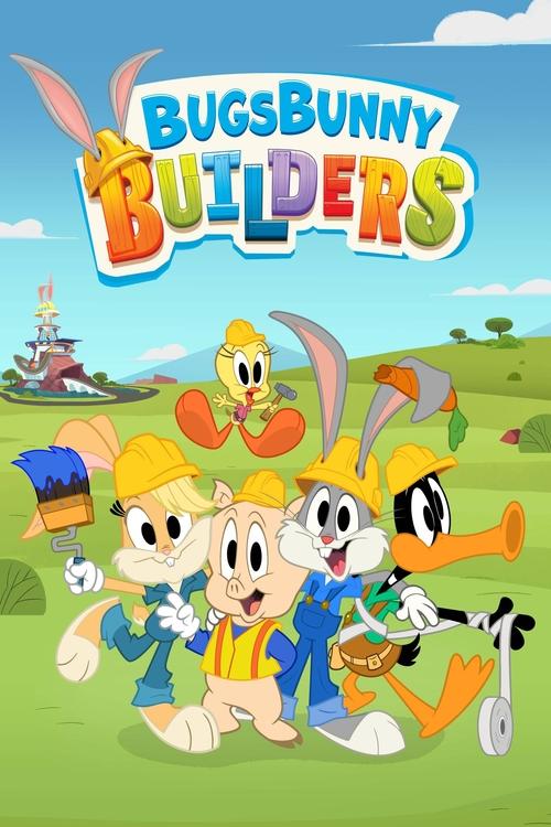 This vibrant poster features Bugs Bunny, Daffy Duck, and Porky Pig in cheerful construction gear, set against a bright blue sky with fluffy clouds. The colorful characters exude a playful and energetic mood, while the sunny green landscape and whimsical background enhance the fun and adventure th...