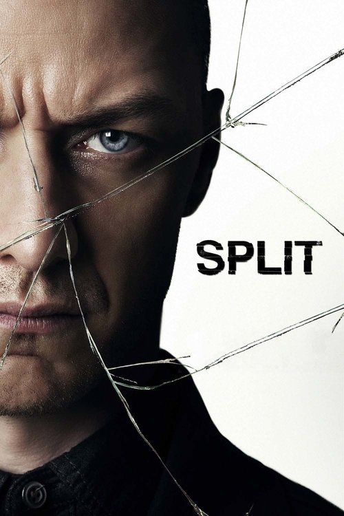 The poster features a close-up of a man with intense blue eyes, his expression conveying deep emotion. The background is stark white, emphasizing the shattered glass overlaying his face, symbolizing emotional turmoil or fractured identity. The bold, black text "SPLIT" dominates the center, reinfo...