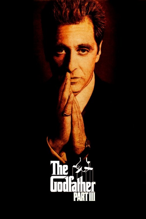 The dark, moody poster features a close-up of Michael Douglas, his hands clasped together in a gesture of solemnity. The warm, golden lighting casts dramatic shadows, creating an intense and mysterious atmosphere. The title "The Godfather Part III" is prominently displayed in bold, white letterin...