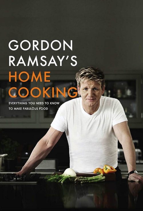 A man in a white t-shirt stands behind a kitchen counter, smiling warmly. The poster features bold orange and white text against a dark background, evoking a professional yet inviting atmosphere.