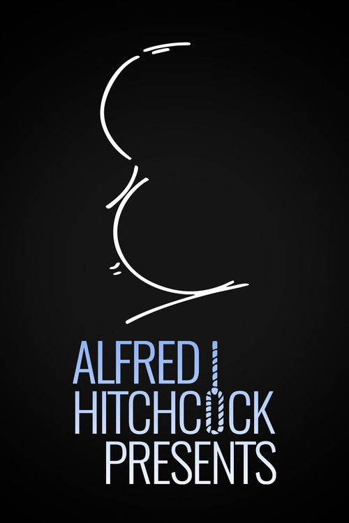 The poster features a minimalist white line drawing of a face against a black background, evoking mystery and suspense. The text "ALFRED HITCHCOCK PRESENTS" is displayed in a clean, sans-serif font in light blue, reinforcing the classic film noir aesthetic. The overall design conveys a sense of i...