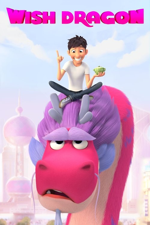 A cheerful boy with a green hat sits atop a pink dragon, holding a small green object. The dragon has purple horns and a pink face, exuding a playful and adventurous mood against a bright sky backdrop.
