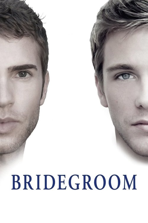 The poster features two handsome men in black and white, exuding a mysterious and intriguing mood. The title "BRIDEGROOM" is prominently displayed in bold blue letters at the bottom, suggesting a romantic or dramatic theme.