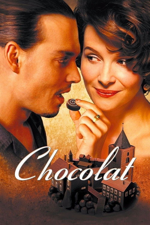 The poster features a romantic couple sharing chocolate, with the title "Chocolat" elegantly displayed in white script. Warm golden tones and soft lighting evoke a cozy, nostalgic mood, suggesting a sweet and heartwarming story.