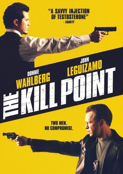 The poster features a dramatic scene with two men holding guns against a bright yellow background. The bold title "The Kill Point" dominates the center, while names like Warren Dahlberg and John Leguizamo appear prominently. The mood is tense and suspenseful, with a gritty, noir aesthetic that ca...