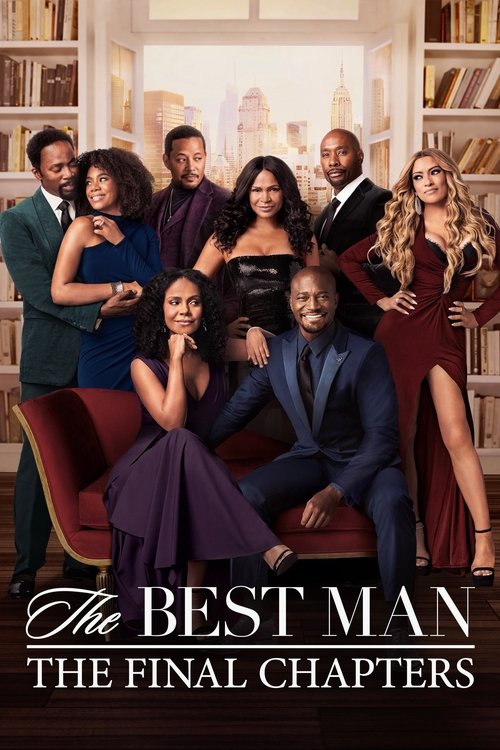The poster features a group of nine actors posing in elegant, formal attire against a backdrop of bookshelves and warm lighting. The mood is sophisticated and celebratory, with rich colors like deep reds, purples, and golds enhancing the glamorous atmosphere.