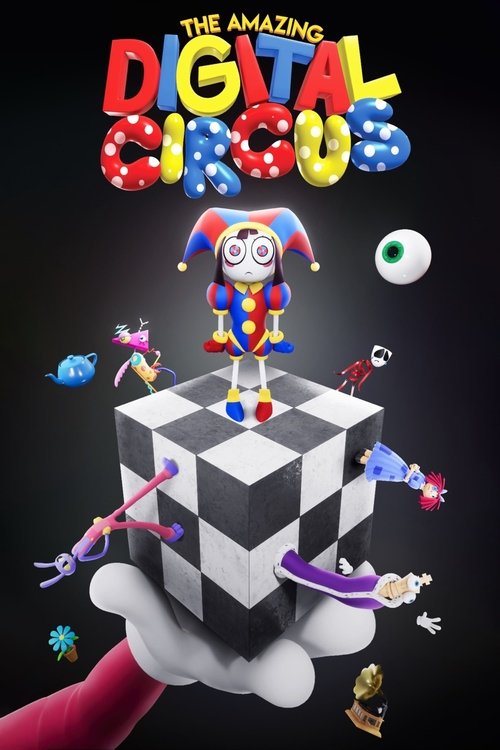 The Amazing Digital Circus poster features a colorful clown jester atop a black-and-white checkered cube, surrounded by playful digital creatures and floating elements. Vibrant hues like red, blue, and yellow contrast against a dark background, creating an energetic and whimsical atmosphere.