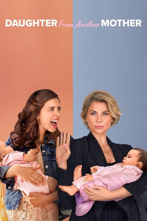 The poster features two women holding babies against a split background of peach and blue. The woman on the left has a surprised expression, while the woman on the right looks calm. The mood suggests a family drama with a sense of connection between the two mothers.