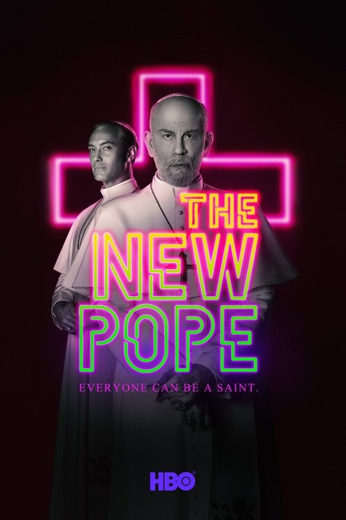 The poster features two men against a dark background with a glowing pink cross. The title "The New Pope" is prominently displayed in colorful, neon-style text. The mood is mysterious and dramatic, hinting at a serious and possibly controversial narrative.