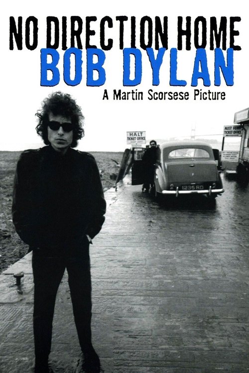 The black-and-white poster features Bob Dylan in the foreground, exuding a rugged charm against a moody, rainy backdrop. Behind him, vintage cars and figures suggest a gritty, urban setting. The bold blue title and stark typography evoke a sense of rebellion and nostalgia, capturing the essence o...
