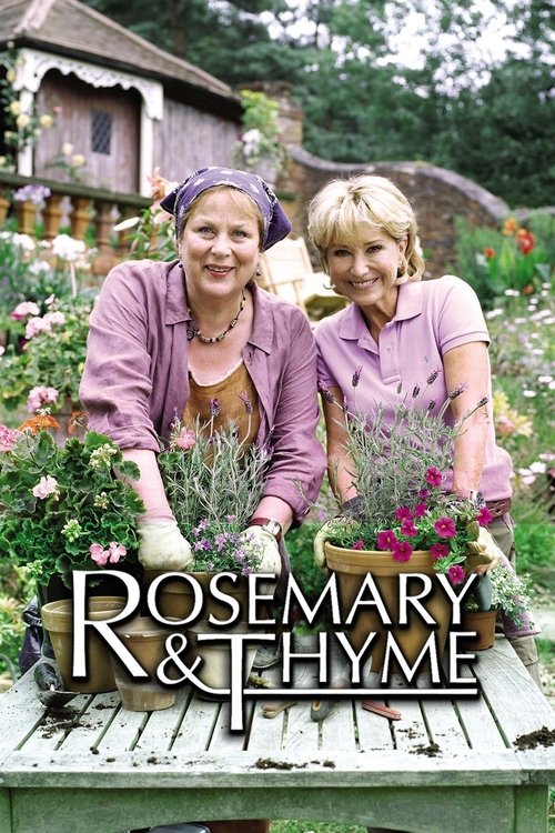 Two women in purple shirts stand behind a wooden table, surrounded by vibrant flowers. The poster features warm, inviting colors that evoke a cozy garden atmosphere. The title "Rosemary & Thyme" is prominently displayed in elegant lettering.