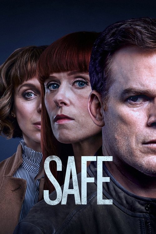 The poster features three characters with intense, serious expressions against a dark background. The word "SAFE" is prominently displayed in bold white letters, suggesting a thriller or suspenseful tone. The muted colors and dramatic lighting create an atmosphere of mystery and tension.