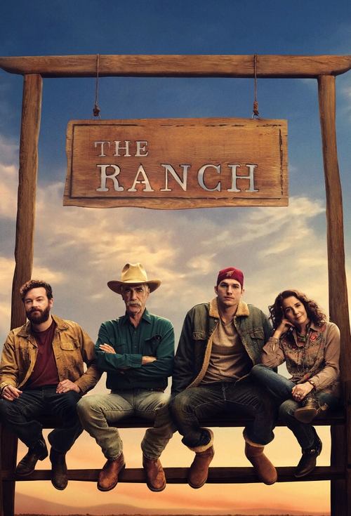 A rustic wooden sign reads "THE RANCH" against a warm sunset sky. Four men in cowboy hats and rugged clothing sit on a wooden bench, exuding camaraderie and adventure. The earthy tones and warm lighting evoke a classic western atmosphere.