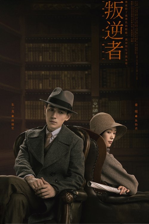 The poster features a man in a dark suit and hat sitting in a chair, while a woman in a hat sits beside him. The room is dimly lit with warm tones, creating an atmosphere of mystery and intrigue. The title "The Rebel" is prominently displayed in elegant Chinese characters at the top.