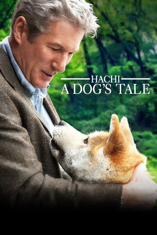A serene forest scene features a man in a brown jacket gently holding a fluffy white dog, evoking warmth and tranquility. The title "Hachi: A Dog's Tale" is elegantly placed in the center, suggesting a heartwarming story about friendship and companionship.