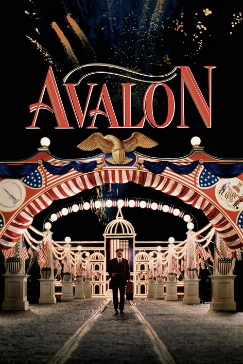 Avalon's poster features a lone figure walking down a grand, ornate hallway adorned with American flag motifs. The dark, starry sky above contrasts with the vibrant red, white, and blue colors, creating a mysterious and dramatic atmosphere.