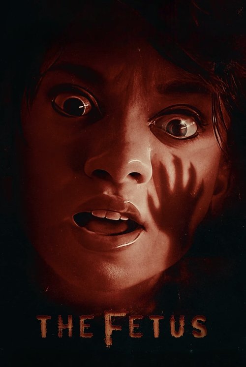 The poster features a close-up of a woman with wide, startled eyes and a shocked expression, her hand partially obscured by shadow. The warm, reddish tones create an eerie and suspenseful atmosphere, while the title "THE FETUS" in bold, distressed typography at the bottom reinforces the horror th...
