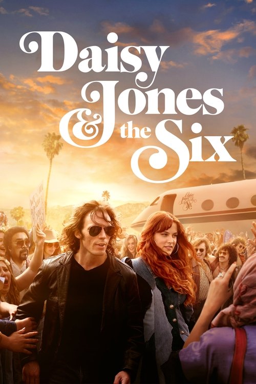 The poster features a vibrant summer scene with Daisy Jones and the Six walking through a lively crowd under a warm sunset sky. The warm golden hues and palm trees evoke a nostalgic, carefree mood, capturing the essence of their iconic 1970s music scene.