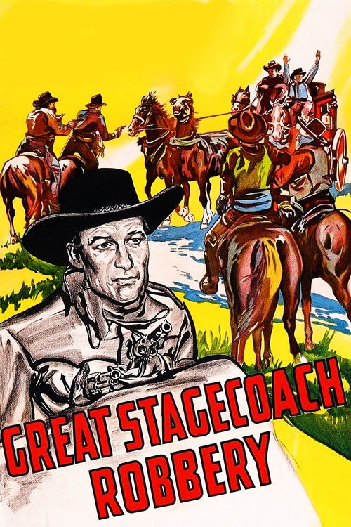 This movie poster depicts a dramatic western scene with a cowboy in the foreground, surrounded by horsemen in action. The vibrant yellow background and bold red text convey a sense of adventure and danger.