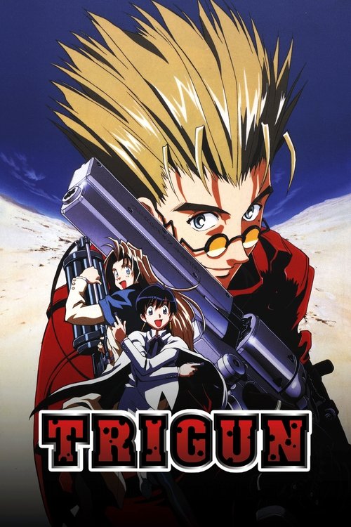 The poster features a dramatic scene with a young man in a red jacket holding a large gun, his spiky blonde hair and intense expression conveying action and danger. Behind him, two other characters stand in a desert landscape under a bright blue sky, adding depth and mystery. The bold red letteri...