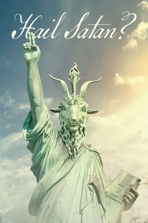 The poster features a majestic, weathered statue of Satan, his horns gleaming in the sunlight. The sky is filled with vibrant clouds, creating a dramatic and mystical atmosphere. The title "Hail Satan?" is elegantly written in white script at the top, inviting viewers to explore the dark and myst...