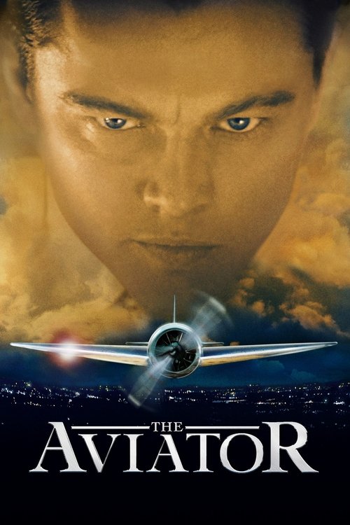 The poster features a close-up of a man's face with intense, piercing eyes, set against a dramatic sky filled with swirling clouds. Below his face, a sleek airplane flies through the clouds, casting a bright light that illuminates his face. The title "The Aviator" is prominently displayed at the ...