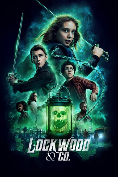 The poster features a mysterious green-lit lantern with a skull, surrounded by four young characters wielding glowing swords. The dark background enhances the eerie atmosphere, creating a suspenseful mood.