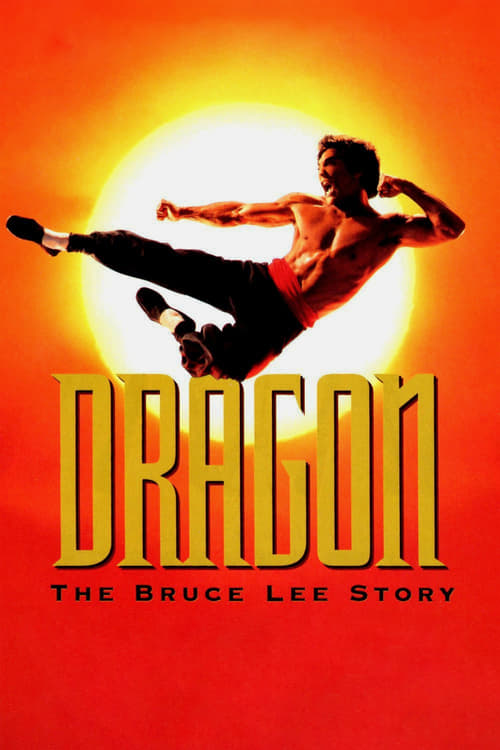 The poster features a dynamic silhouette of Bruce Lee mid-air against a vibrant sunset, evoking energy and intensity. The bold, golden title "DRAGON" dominates the lower portion, while the subtitle "THE BRUCE LEE STORY" adds context. The warm, fiery background enhances the dramatic and adventurou...