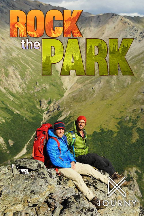 Two hikers sit on a rocky peak overlooking a lush mountain landscape, with vibrant orange and green text overlaying the scene. The mood is adventurous and inviting, capturing the essence of outdoor exploration.