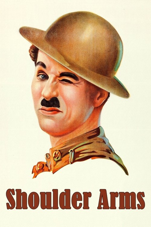 This movie poster features a determined soldier in a brown helmet, exuding strength and resolve. The warm tones of the hat and uniform evoke a sense of adventure and camaraderie. The bold red text "Shoulder Arms" suggests a thrilling narrative about teamwork and perseverance.